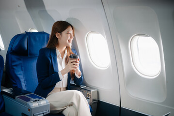 Young Asian executive excels in first class, multitasking with digital tablet, laptop and...