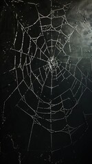 A spider web is shown in black and white. The web is very thin and has a lot of holes. Halloween vertical background.
