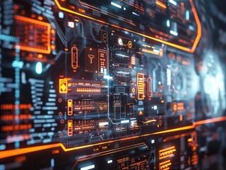 Futuristic digital interface technology background. High-tech circuit board with glowing elements and data visualization.