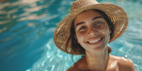 Close-up portrait of attractive girl with long hair relaxing in pool. She is smiling to the camera and shows cool look. Straw hat on head. On resort, holiday, vacation. empty space