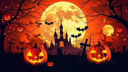 Fototapeta premium Halloween horizontal background. The sky was painted with an orange hue as the full moon loomed over the castle, accompanied by bats and pumpkins.