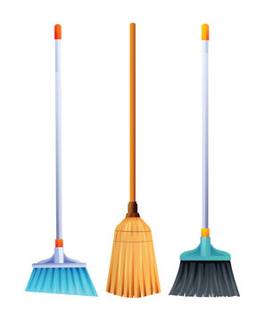 recommend clip art: Set of brooms in different types. Vector cartoon illustration
