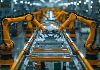A high-tech automotive factory with robotic arms assembling car parts