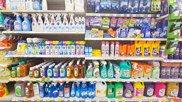 A rich assortment of household display process chemicals.  Household chemicals, Bathroom cleaner, Glass sprays, Dettol Disinfectant products for home on supermarket shelves. Thailand, June 17, 2024