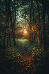 Obraz premium A single light bulb hanging in a forest, illuminating a path