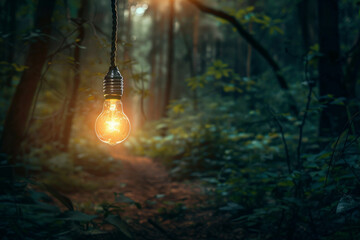 A single light bulb hanging in a forest, illuminating a path