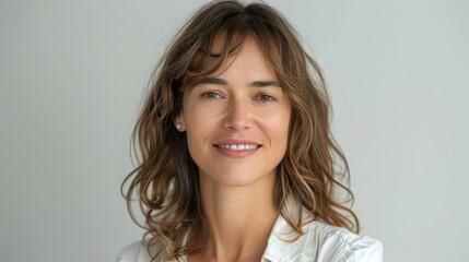 Naklejka premium Confident professional woman smiling at camera, close-up portrait on white background, captured in high-definition with Fujifilm quality.