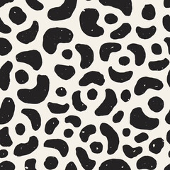 Jaguar Skin Black and White Textured Seamless Pattern. Hand drawn exotic animal fur texture with vintage shabby effect. Wildlife Zoo Safari background. Repeat vector illustration