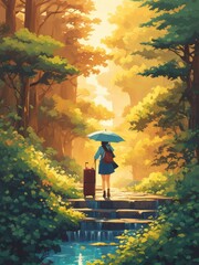 Illustration of a girl who loves traveling, carrying a suitcase, reading a travel guide in anime, watercolor and cartoon style.