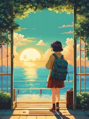 Illustration of a girl who loves traveling, carrying a suitcase, reading a travel guide in anime, watercolor and cartoon style.