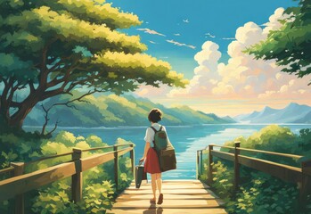 Illustration of a girl who loves traveling, carrying a suitcase, reading a travel guide in anime, watercolor and cartoon style.