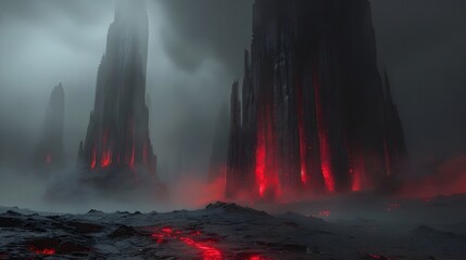 Haunting Otherworldly Realm of Towering Obsidian Spires and Pulsating Crimson Fissures