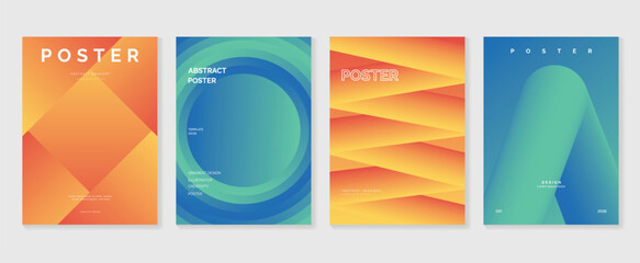 Modern gradient poster background vector set. Minimalist style cover template with vibrant perspective 3d geometric prism shapes collection. Ideal design for social media, cover, banner, flyer.