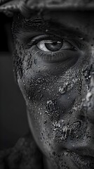 Obraz premium Intense Close-Up Portrait of a Weathered,Determined Face in a Vintage-Style War Correspondent's Report