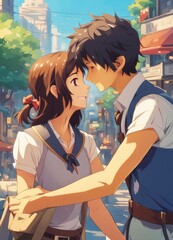 an Indian boy and girl discussing with each other while smiling kindly in a city with anime and cartoon style