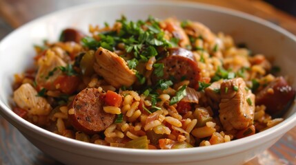 Fototapeta premium Bowl of jambalaya with sausage, rice, and vegetables. Chicken and Chicken Sausage Jambalaya