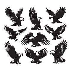 vector Bald Eagle set silhouette black in white background