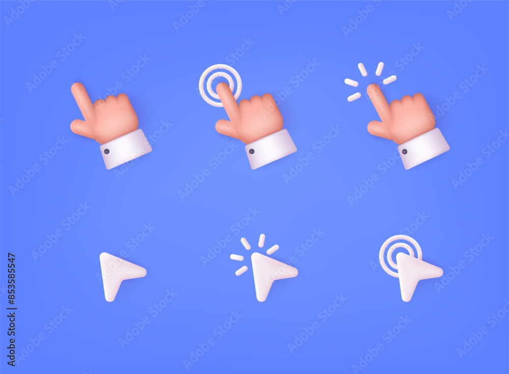 Poster set of 3d hands and pointers clicking. navigation search for web browser. 3d web vector illustration