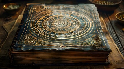 Ornate Leather-Bound Tome of the Mysterious Voynich Manuscript with Faded Gold Etchings and Yellowed Parchment Pages