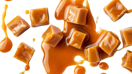 Caramel , candies and sauce on white background