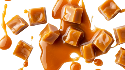 Caramel , candies and sauce on white background