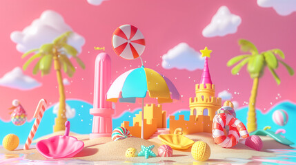 Obraz premium A colorful beach scene with a pink and blue umbrella