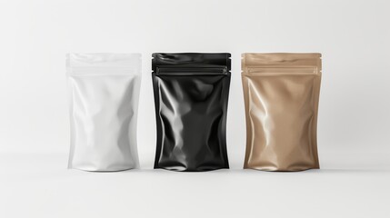 Fototapeta premium Three matte black and gold stand-up pouches on a white background.