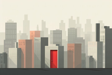 Obraz premium A simple, minimalist cityscape with flat, geometric buildings. In the middle of the city, a single door stands out, perhaps in a different color, emphasizing its significance amidst the uniformity 