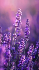 Lavender field with lavender flowers in a purple color under soft light with a sunset background, shown in closeup macro photography