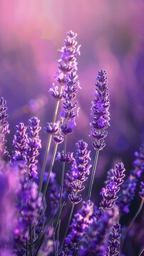 Lavender field with lavender flowers in a purple color under soft light with a sunset background, shown in closeup macro photography