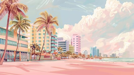 AI-Generated Miami Beach Illustration in Pastel Tones