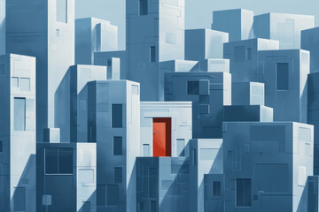 A simple, minimalist cityscape with flat, geometric buildings. In the middle of the city, a single door stands out, perhaps in a different color, emphasizing its significance amidst the uniformity 