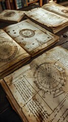 Spread of the Enigmatic Voynich Manuscript with Mysterious Diagrams, Sigils, and Astronomical Charts on Weathered Vellum Pages