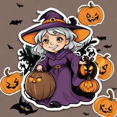 Friendly Pumpkin Witch with Cloak and Pumpkins in Spooky Forest