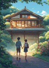 illustration of a boy falling in love with a girl. cartoon and anime style