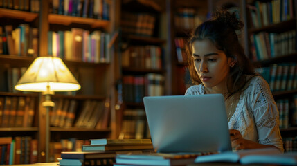 Young female student studying in old library, using laptop. Online learning at University. 
