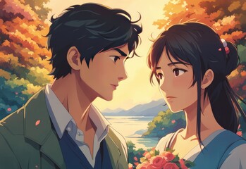 character illustrations of a married couple in anime and cartoon style.