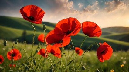 Obraz premium Field of red poppies in meadow.