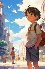 illustration of 2 school children in cartoon and anime style