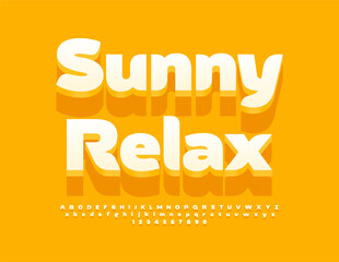 Vector artistic flyer Sunny Relax. Unique White 3D Font. Modern Creative Alphabet Letters and Numbers set.