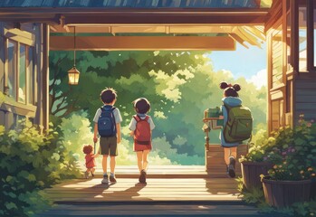 illustration of 2 school children in cartoon and anime style