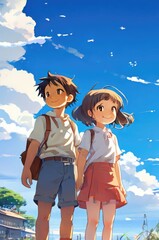 illustration of 2 school children in cartoon and anime style