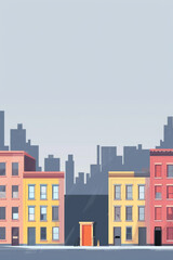 A simple, minimalist cityscape with flat, geometric buildings. In the middle of the city, a single door stands out, perhaps in a different color, emphasizing its significance amidst the uniformity 