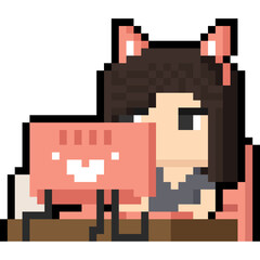 Obraz premium Pixel art cartoon woman character working at home with cat ears