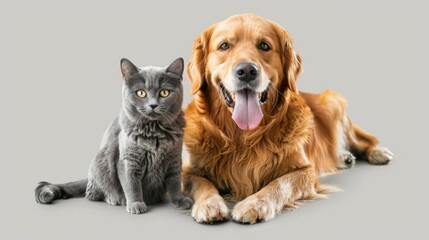 Cute Grey Cat and Happy Golden Retriever on Gray Background, Generative AI