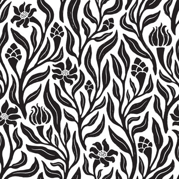 Floral seamless pattern in linocut style. Vector format.