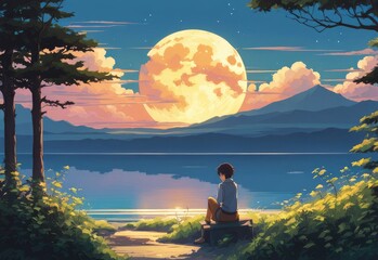 illustration of a lone person at night by moonlight in anime and cartoon style.