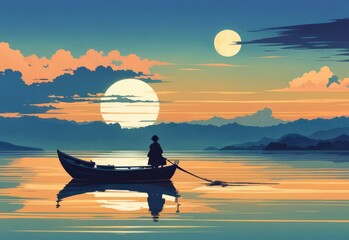 illustration of a lone person at night by moonlight in anime and cartoon style.