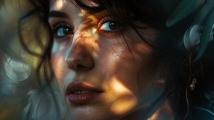 A woman with piercing blue eyes, her face softly illuminated by a gentle light, highlighting the depth and clarity of her gaze.