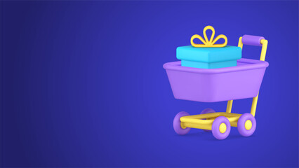 Supermarket trolley wrapped gift box shopping sale discount special offer 3d icon vector